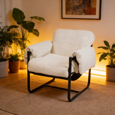  Fauteuil d'appoint Mid-Century moderne, fauteuil rembourré épais avec structure en métal, méridienne surdimensionnée pour les petits espaces de la chambre à coucher, tissu chenille texturé, beige