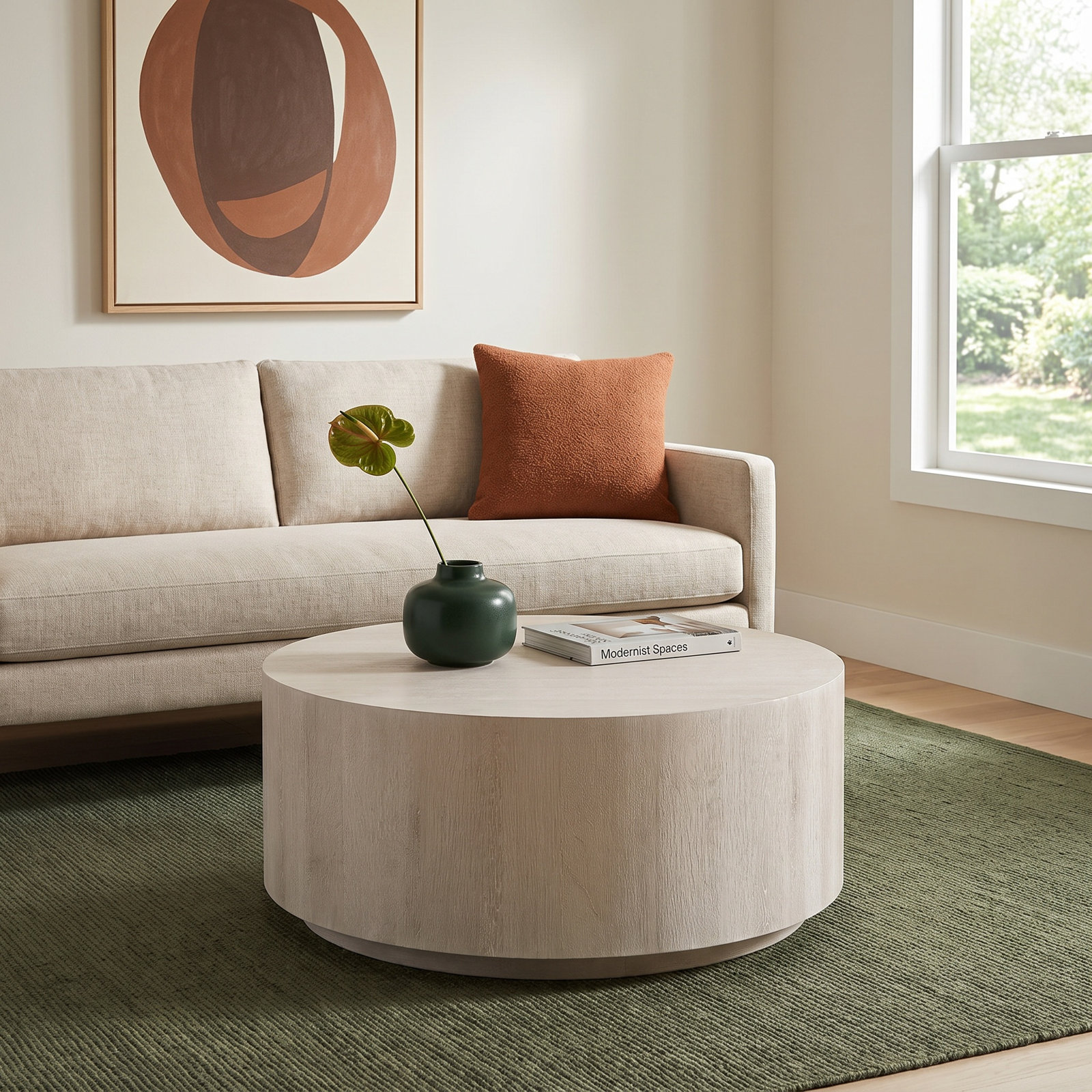 Taryn 42" Drum Coffee Table, White Wash