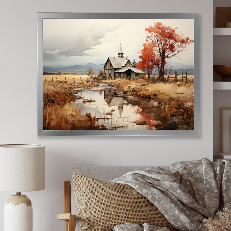 «Peaceful Barnyard Landscape» sur toile, Cadre simple argenté, H 16 po x l 32 po x P 1 po