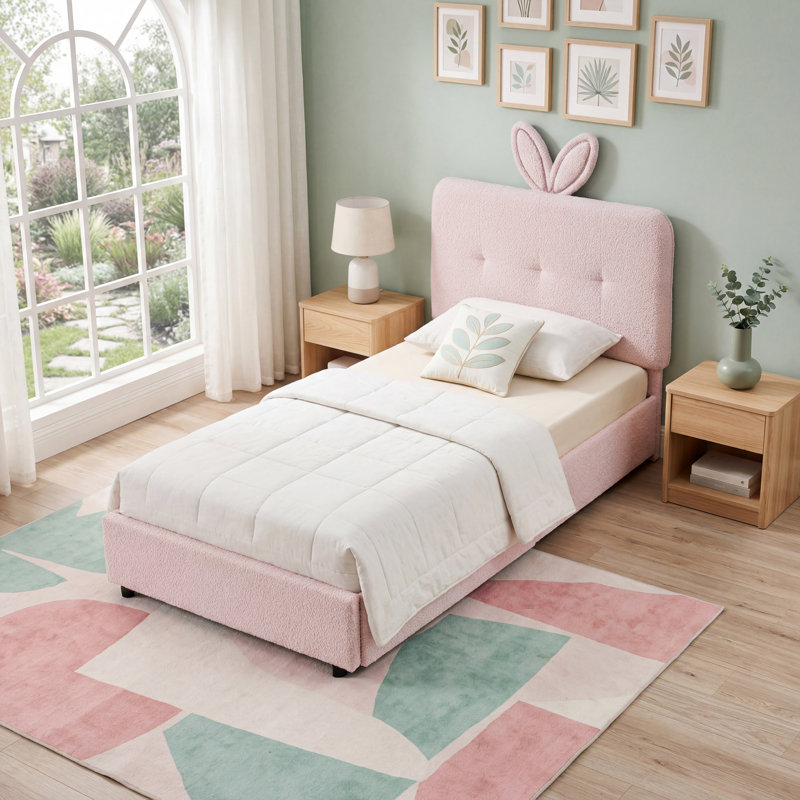 Lit plateforme tapissier avec tête de lit à oreilles de lapin, lumière DEL (18 couleurs), 4 tiroirs de rangement et tissu Boucle, cadre de lit moderne avec support à lattes, aucun sommier nécessaire