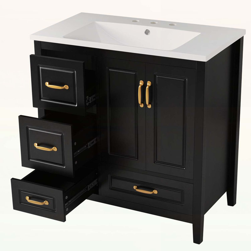 Meuble-lavabo 36 po avec lavabo, portes à fermeture douce et plusieurs tiroirs à fermeture douce, poignées en métal, Noir