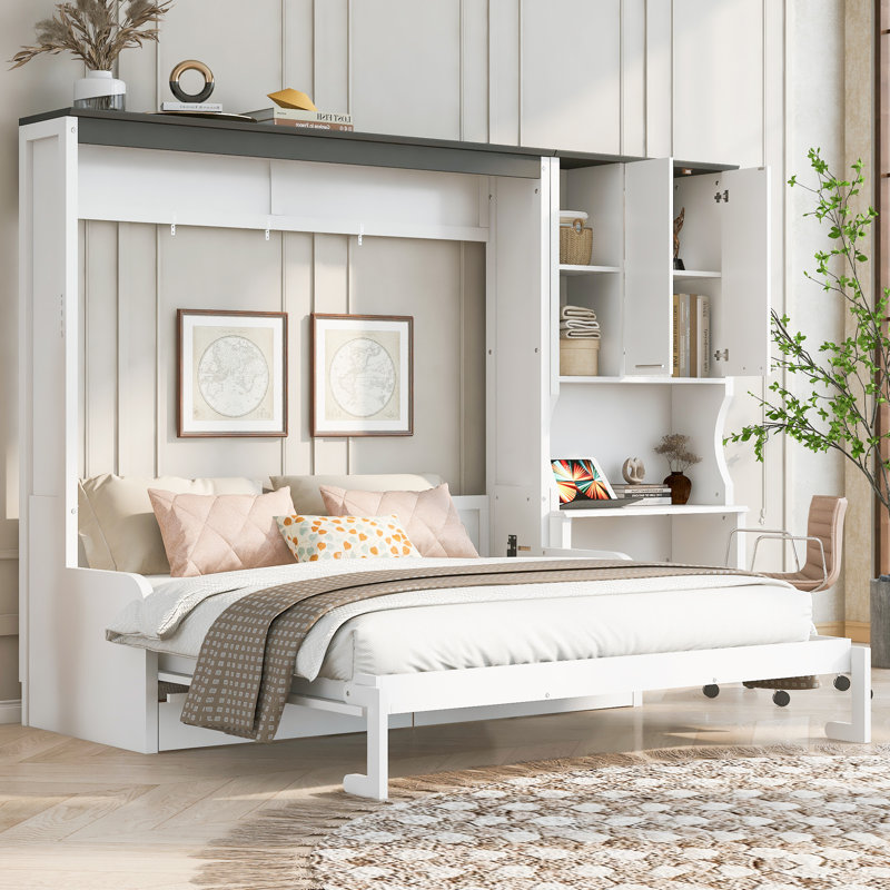 Lit escamotable multifonctionnel avec canapé, bureau et armoire de rangement, Grand lit