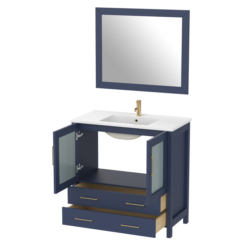Ensemble de meuble-lavabo autoportant 36 po avec plateau en céramique et miroir assorti Brescia, Bleu
