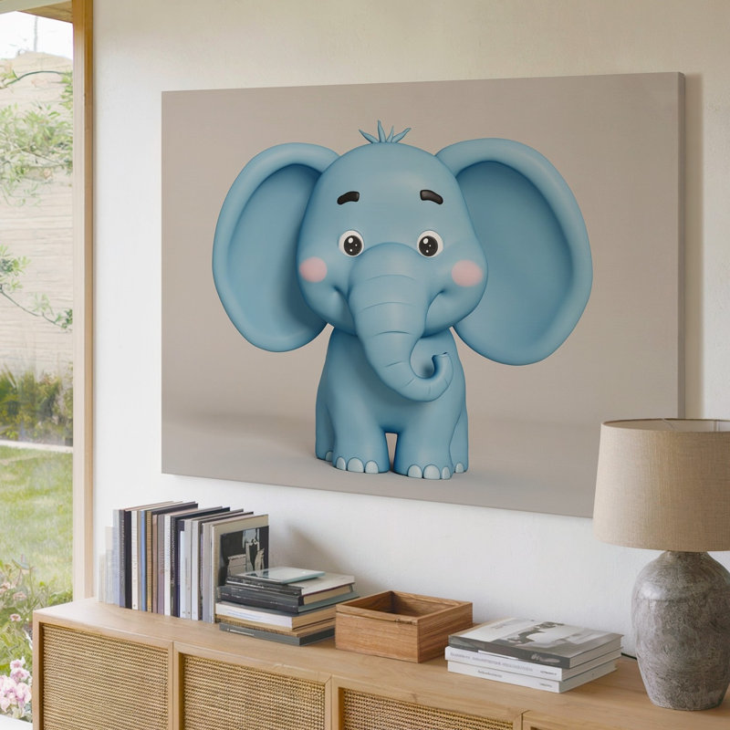 Toile d'un éléphant fantaisiste baignant dans un bleu pastel doux, H 16 po x l 20 po