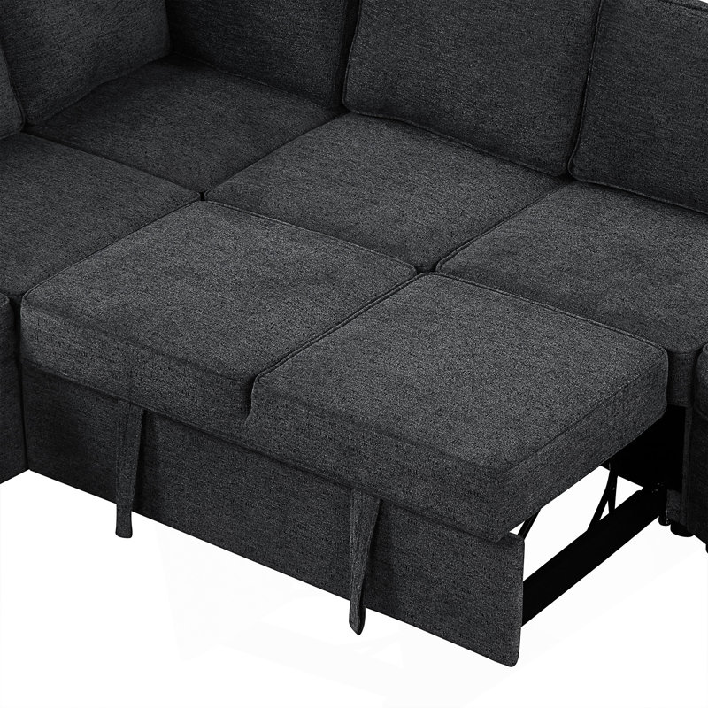 Upholstered 126 " Chenille L-Shaped Sofa Bed, Black/Blue Chenille