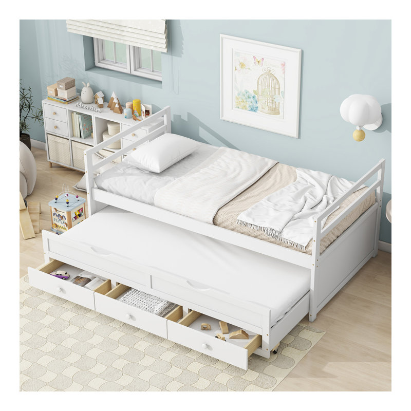 Lit simple avec tête de lit, pied de lit, lit gigogne et trois tiroirs de rangement, lit simple en bois de pin avec tête de lit, pied de lit, blanc