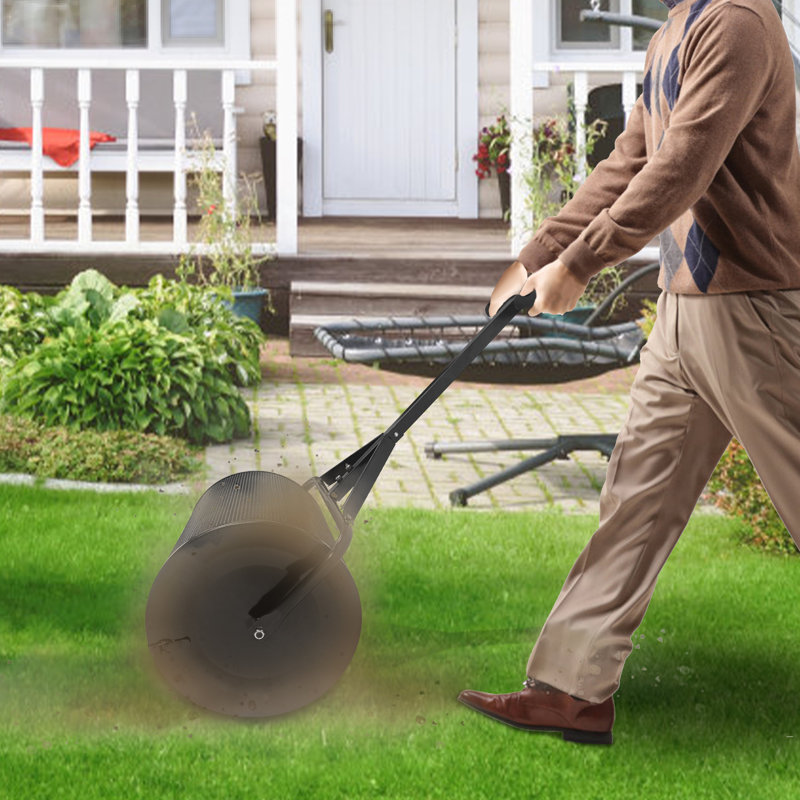 Compost Spreader 81L 25.5 in Lawn Spreader Peat Moss Topsoil Roller with T Shape Handle & Lock Heavy Duty Metal Mesh Push Fertilizer Top Dressing for Grass Lawn Garden