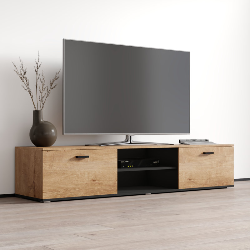 Meuble télé Sabala pour téléviseur de 71 po ou moins avec finition ultrabrillante, Chêne, 55"