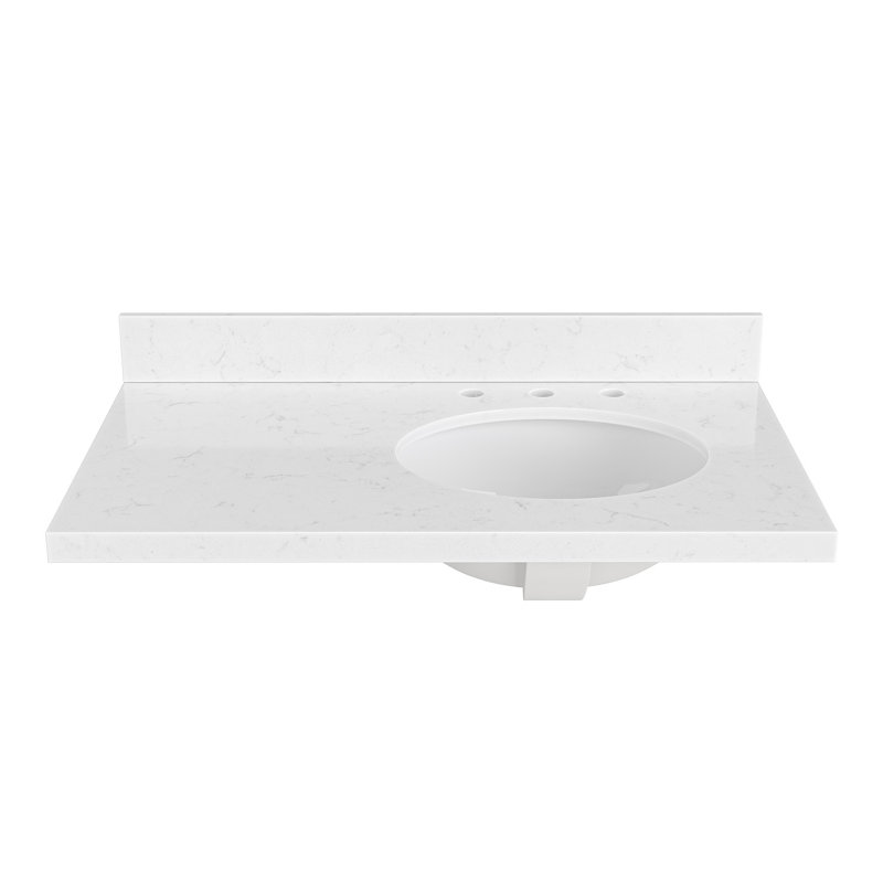 Comptoir de meuble-lavabo en quartz blanc Carrara de 36 po Ariel avec rebord à onglet épais de 1,5 po avec lavabo simple ovale décalé à droite et dosseret inclus