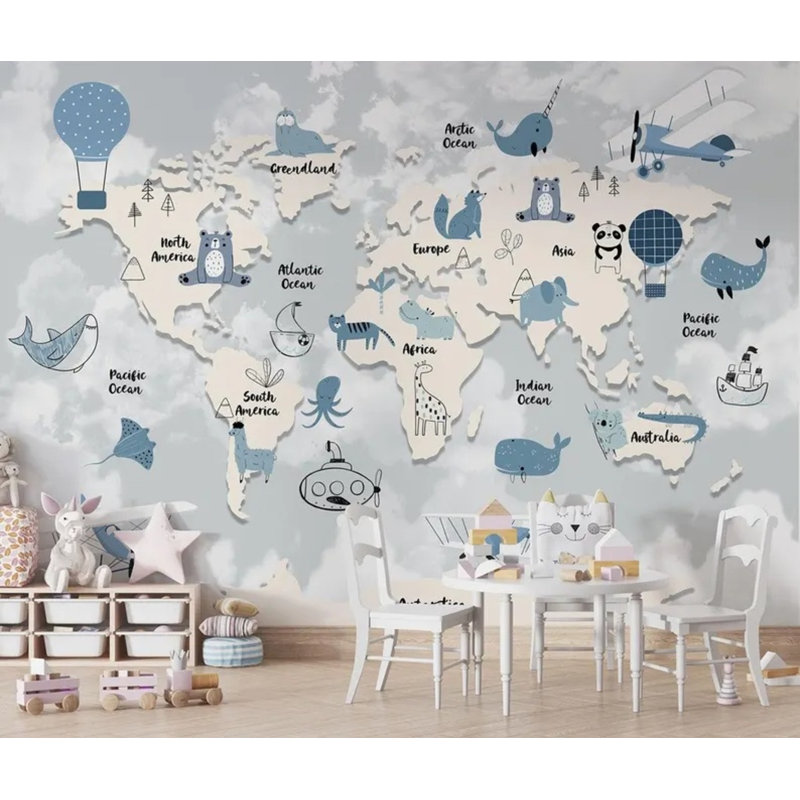 Papier peint carte du monde bleu, L 108 po x l 96 po