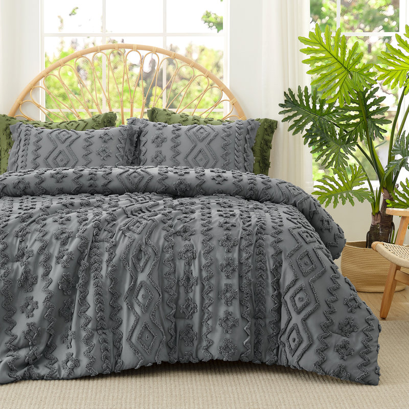 Ensemble d'édredon léger texturé Boho, Gris, Édredon simple + 1 taie d'oreiller standard