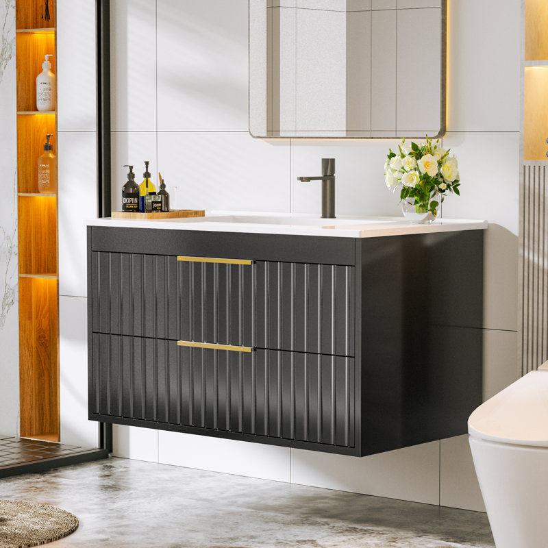 30" Floating Wall Mount Single Bathroom Vanity with Ceramic Sink Top, Black/Gold