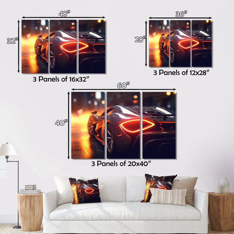 «Exotic Car In The Neon Street II» sur toile, reproduction de 3 pièces, H 28 po x l 36 po x P 1 po