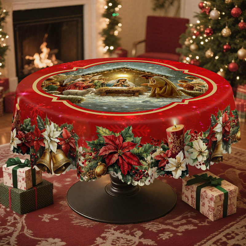 Machine-washable red Christmas Jesus design polyester tablecloth