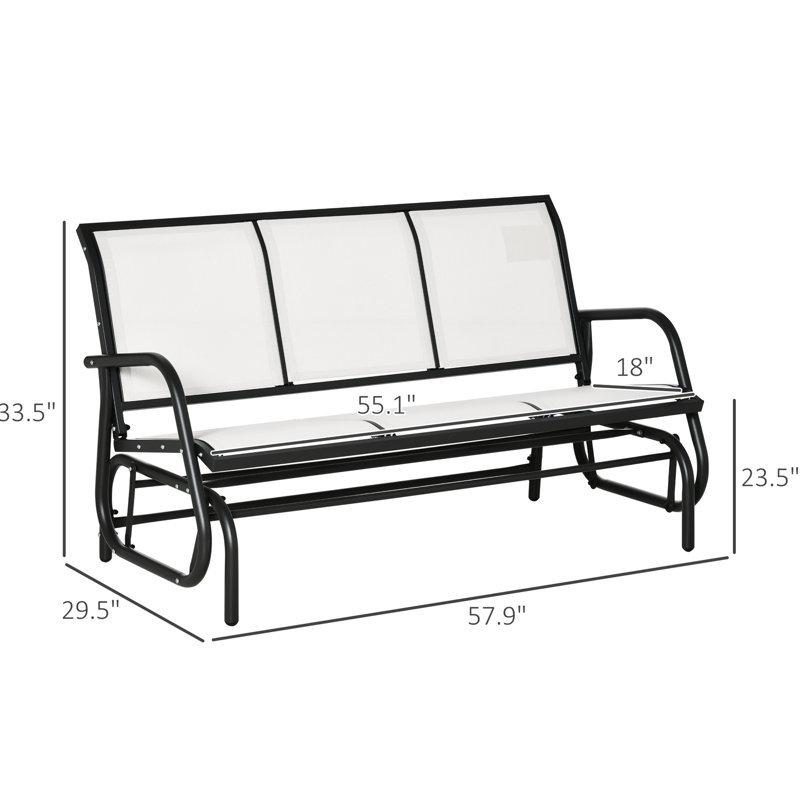 Banc à bascule 3 places blanc crème avec assise en maille, structure en métal, glissement fluide pour terrasse extérieure, convient aux porches et balcons.