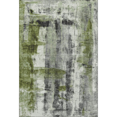 10' X 14' Olive Green Charcoal And Ivory Abstract Washable Area Rug With UV Protection
