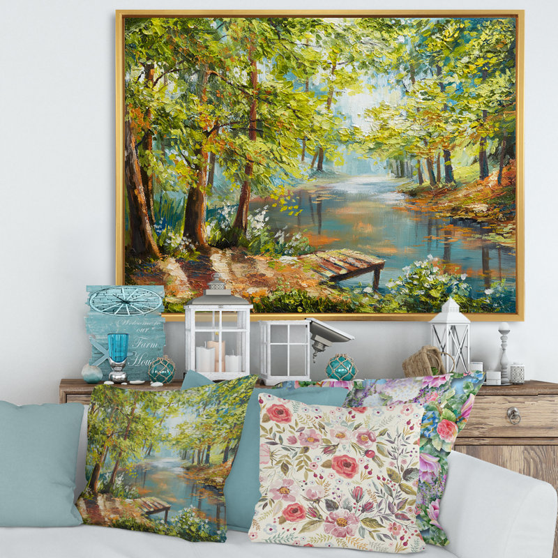 Forêt d'automne avec rivière sinueuse - Peinture sur toile, H 24 po x l 32 po x P 1 po, Cadre flottant doré