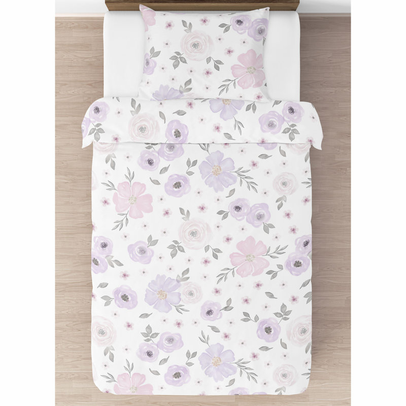 Lavender and Gray Watercolor Floral Twin Comforter Set