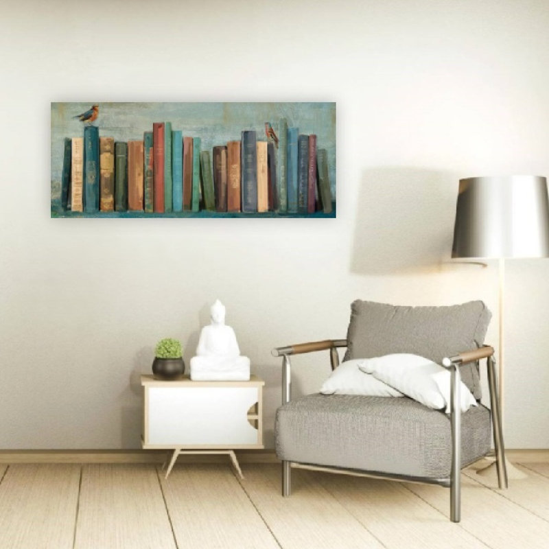 Bibliothèque avec thème livres et oiseaux, art mural non encadré, 48 x 24