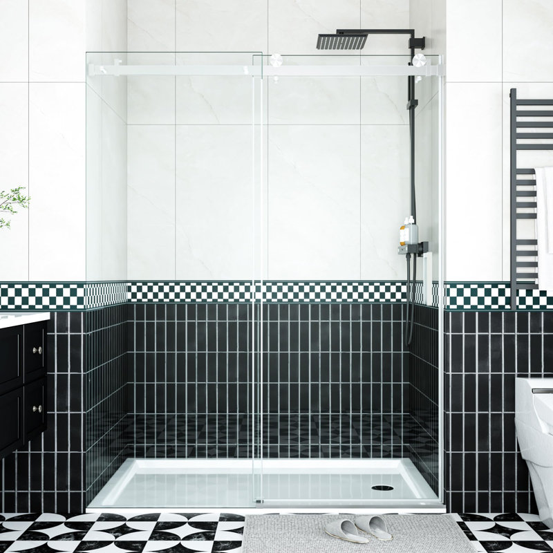 Porte de douche coulissante avec panneaux de verre trempé 6 / 8mm et rail carré en acier inoxydable, Nickel satiné