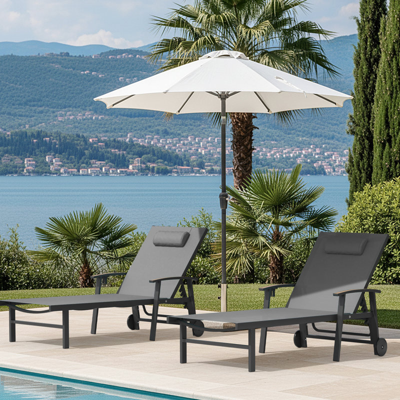 Outdoor Patio Chaise Lounge Set Of 2 With Wheels And Armrests, Gray