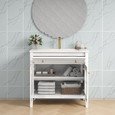 36"Farmhouse Freestanding Bathroom Vanity with Motion-Sensor Light & Patterned Glass Storage