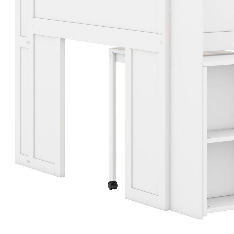 Versatile Modern Loft Bed Frame With Desk, Built-In Shelves And LED Lighting, White