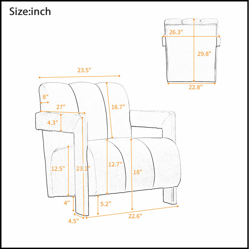 Fauteuil de loisir moderne 26,3 po avec accoudoirs en forme de L et tissu en polyester pour un confort ultime, Gris
