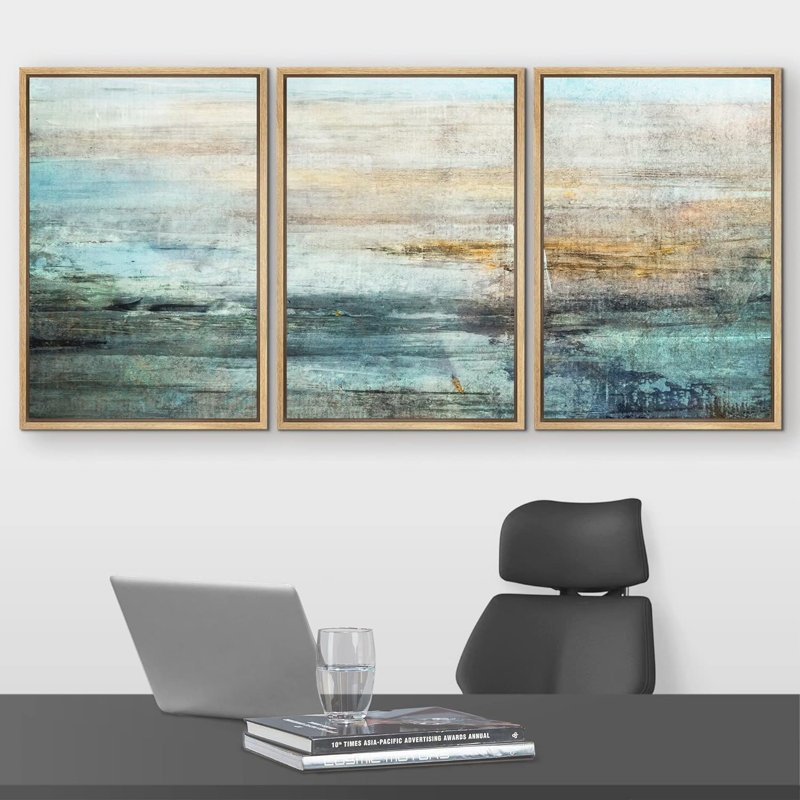 Bleu et orange, champ de couleur grunge, formes abstraites, art moderne et contemporain, 3 pièces, Cadre naturel flottant