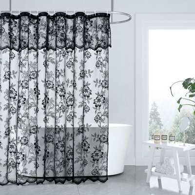 Black Lace Shower Curtain For Bathroom, Rustic Vintage Lace Shower Curtain With Attahced Valance, Sheer Shower Curtain Panel, 72 X 72 Inch, 1 Panel, Black