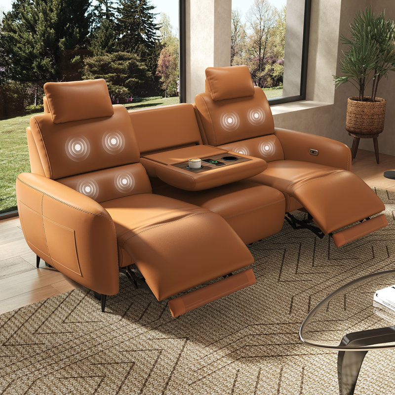 85" Power Massage Reclining Sofa with Adjustable Headrest, 3 Seater Recliner Couch with Drop Down Table Tray