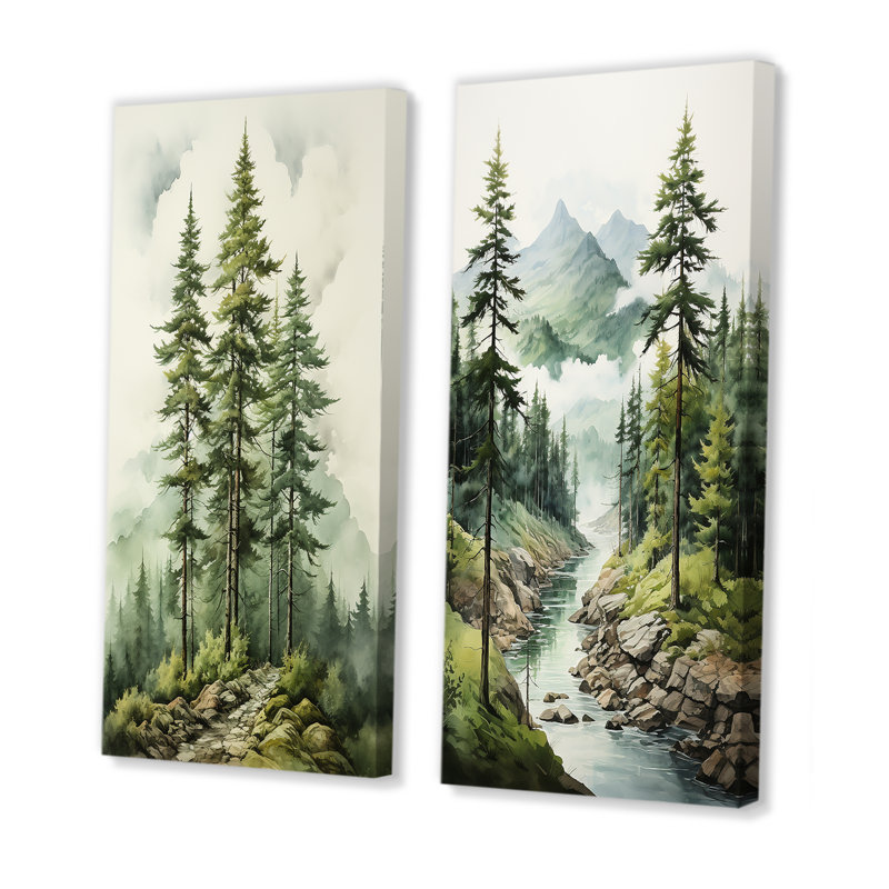 «Green Pine Tree Eernal Guardians», 2 pièces, H 32 po x l 32 po, Toile tendue
