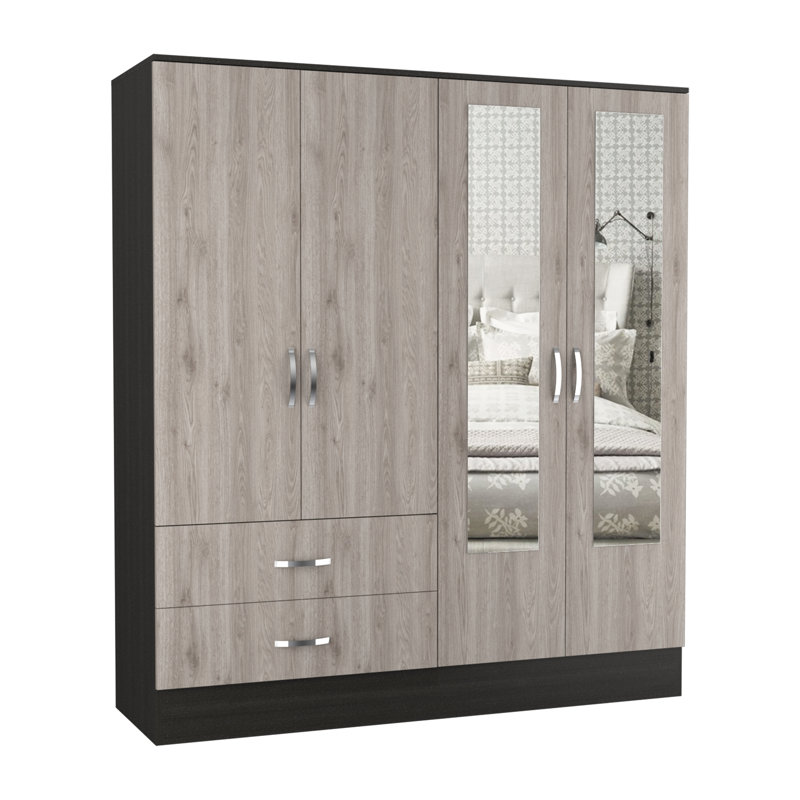 Rainen 71" Light Oak and Black Four Door Wardrobe Closet with Mirrors