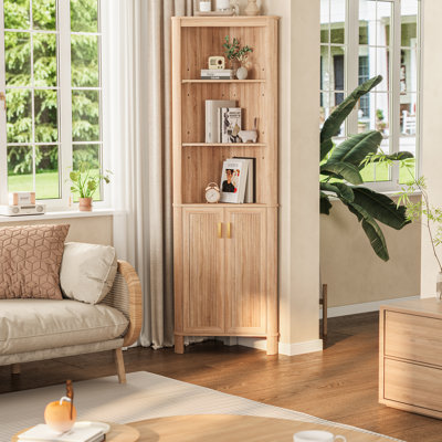 68" Tall Fluted Corner Cabinet For Bathroom, Modern Living Room & Kitchen - Adjustable Shelves, Space-saving Storage, Curved Profile Design