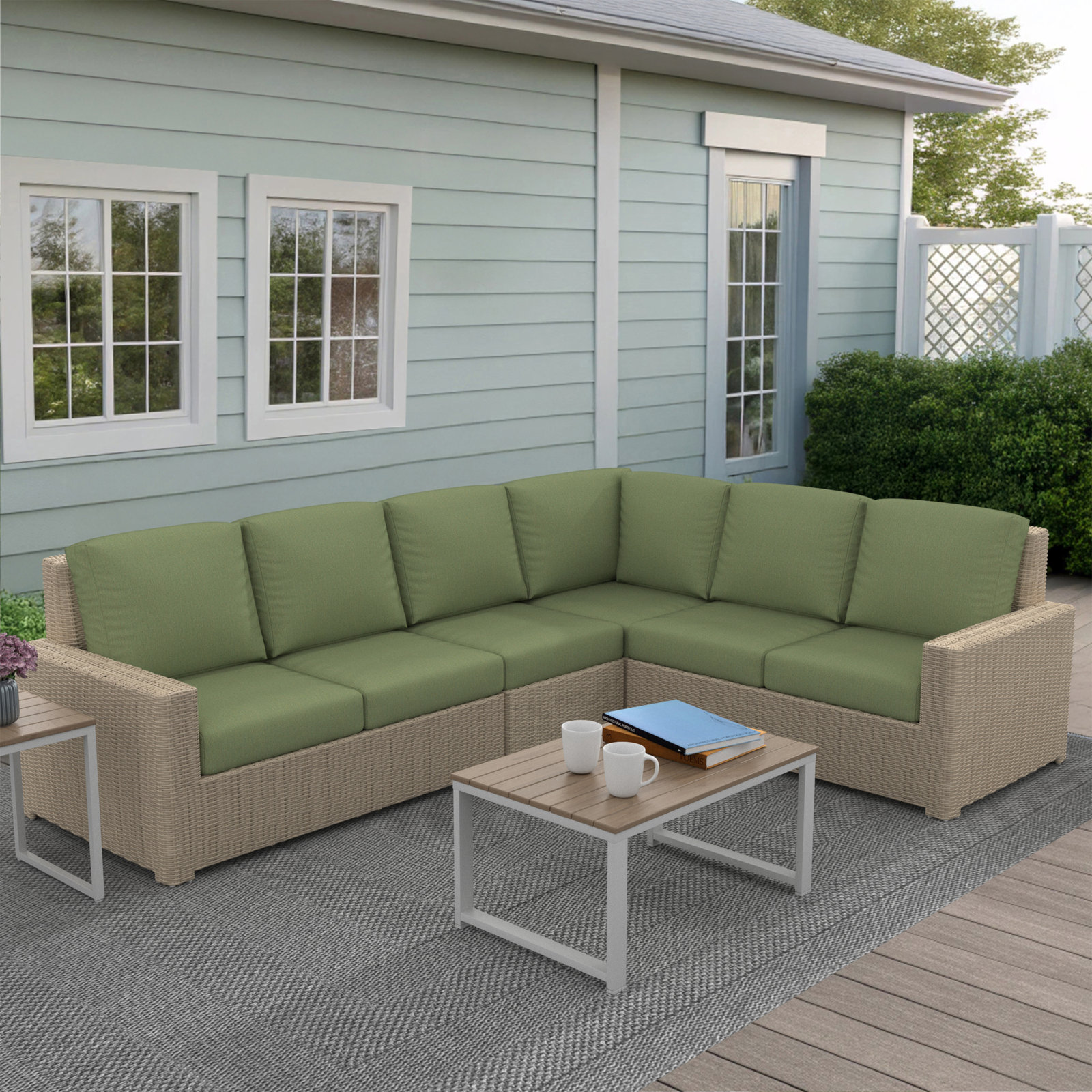 Hutsonville 116" Wide Outdoor L-Shaped Patio Sectional with Cushions, Sunbrella Canvas Fern
