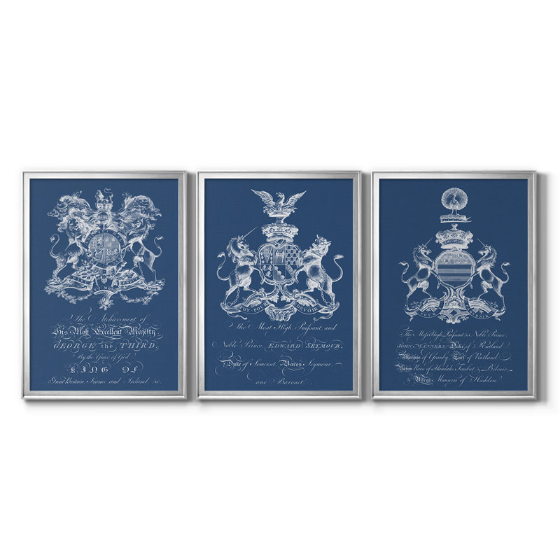 Heraldry on Navy I - Toile tendue avec châssis sur mesure - 3 pièces, Argent argent, H 27 po x l 39 po