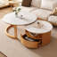 Table basse gigogne ronde avec plateau en marbre blanc, rangement à 2 niveaux et 1 tiroir, naturel, 28,5 po