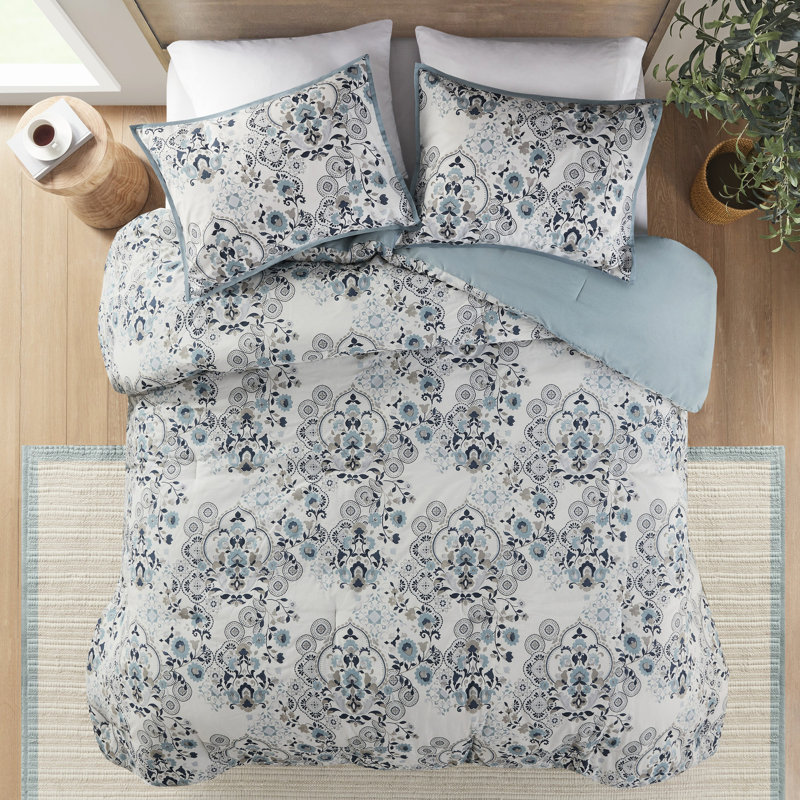 Ensemble d'édredon en coton 3 pièces - très grand / très grand bleu, imprimé botanique floral / coton imprimé très grand revers en coton, lavable à la machine, 2 taies décoratives assorties