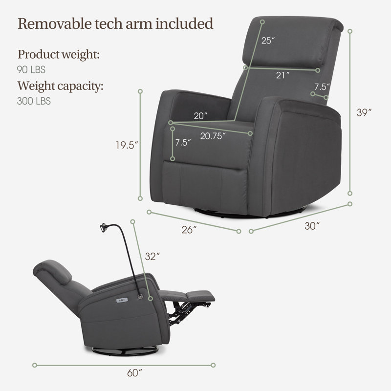 Evolur Maverick Power Recline Glider With Device Holder, Gray