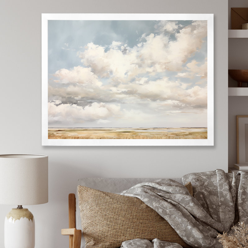 Nuage blanc paysage minimaliste - décoration murale nuages, H 24 po x l 32 po x P 1 po, Cadre simple blanc