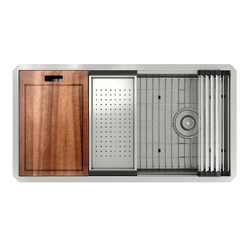 Évier de cuisine encastré à simple cuve en acier inoxydable 36 po x l 19 po avec robinet de cuisine, Nickel brossé