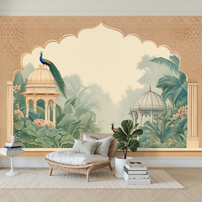 Peel and Stick Wallpaper 96" W x 69" H Modern Self Adhesive Wall Mural for Bedroom Traditional Mughal Wedding Invitation Design Mughal Arch Peacock
