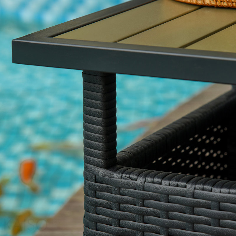 Table d'appoint toutes saisons avec support en acier robuste - extérieur, patio, trou de parasol de jardin, sacs de sable inclus Cadre noir et brun clair pour la décoration extérieure