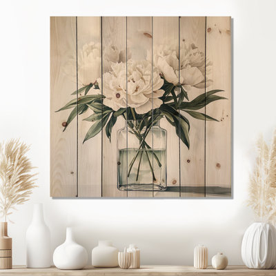 Minimalisme pivoines dans un vase en verre II - décorations murales en bois pivoines - sur bois de pin naturel