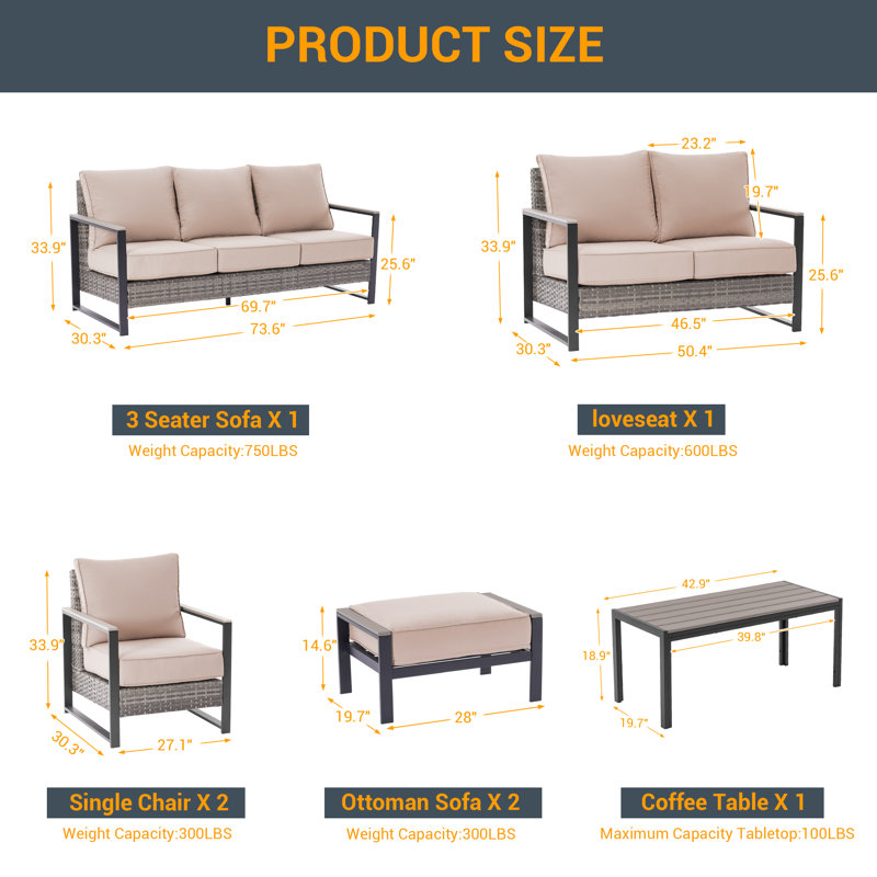 Ensemble de canapé de patio 7 pièces en rotin de polyéthylène, ensemble de conversation de mobilier d'extérieur toutes saisons avec table basse, canapé modulaire robuste pour terrasse avec jardin et terrasse