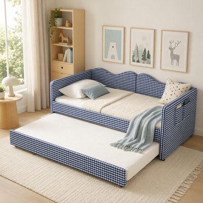 Lit de jour simple tapissier en vichy avec gigogne gigogne et poche de rangement, canapé-lit multifonctionnel en bois massif pour chambre d'enfant, bleu