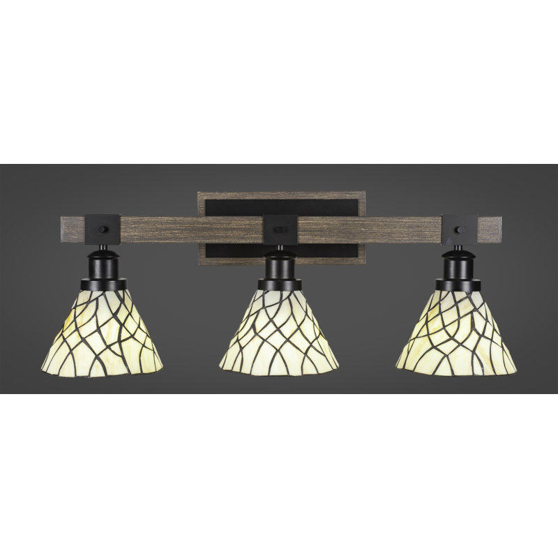 Sandford 3 Light Bath Bar Shown In Matte Black & Painted Distressed Wood-look Metal With 7” Sandhill Art Glass