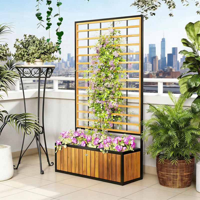 Wooden Raised Garden Bed With Trellis, Teak