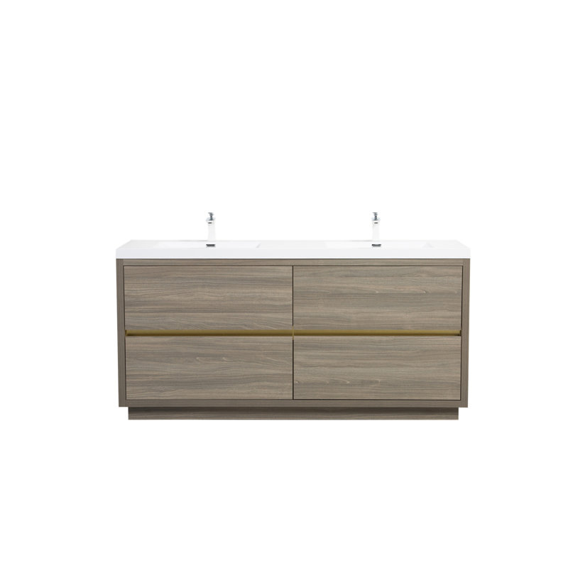 Meuble-lavabo autoportant avec lavabos doubles, 71", Bois de frêne gris