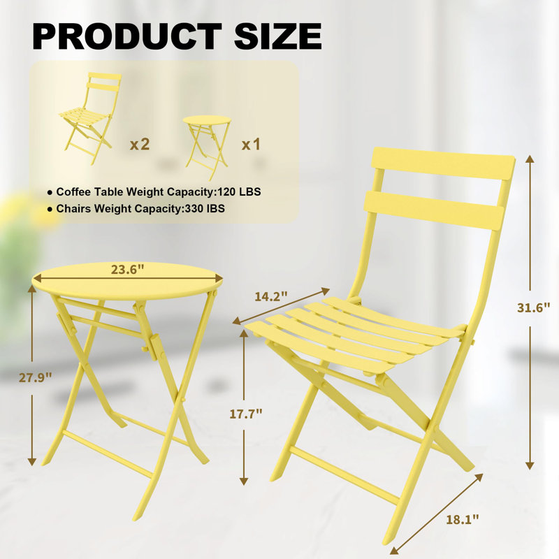 3-Piece Folding Patio Bistro Set with Steel Frame & Round Table | Weather-Resistant Space-Saving Furniture for Balcony, Garden & Deck – 2 Chairs Included